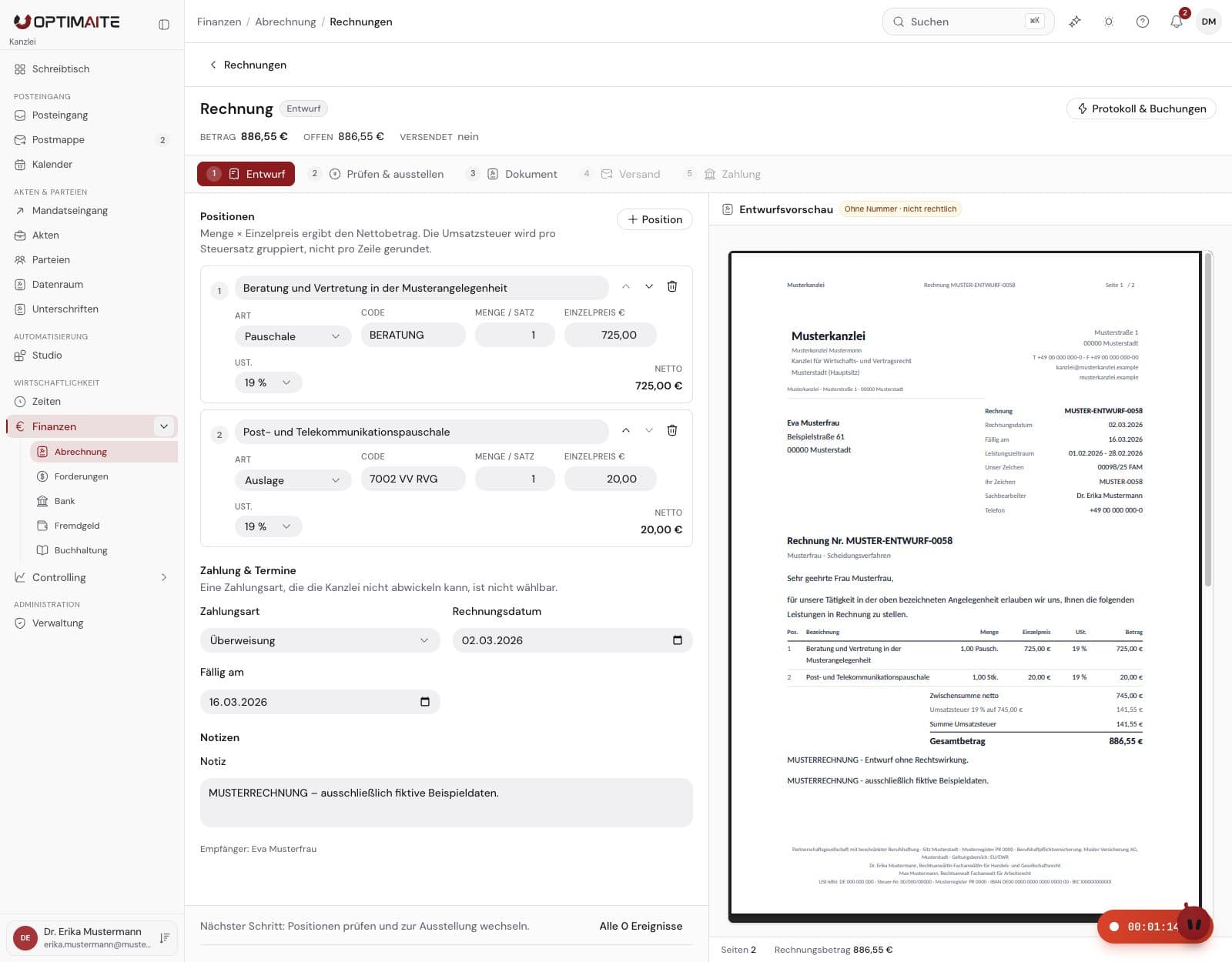 Invoice draft with PDF preview and fictional Mustermann sample data in light mode