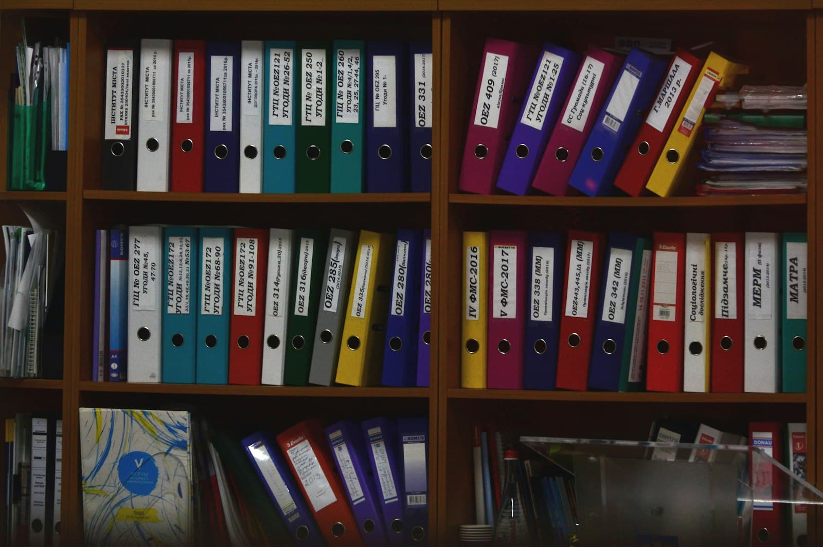 Sorted files and documents at a workplace.